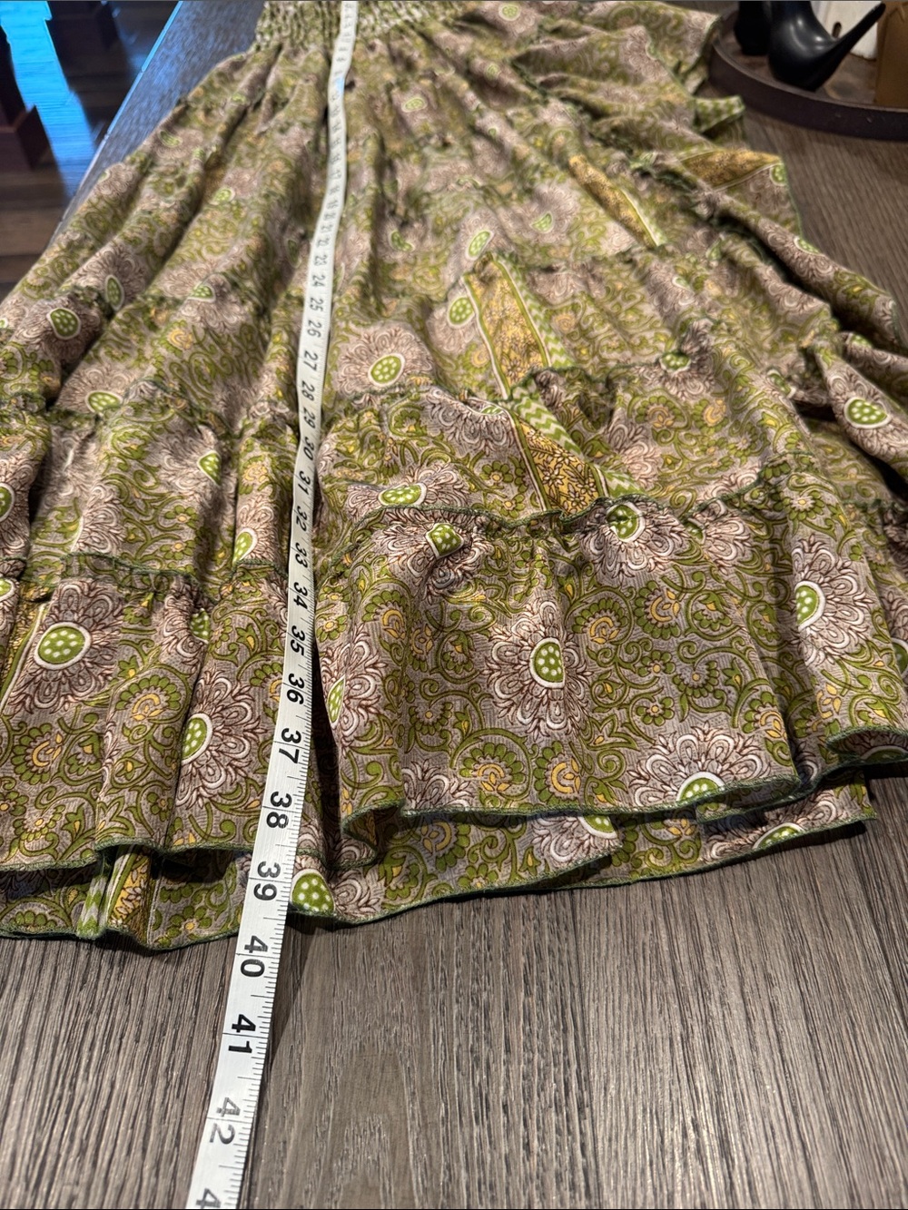 Smocked Waist Tiered Maxi Skirt in Olive & Cream 100% Silk - Picture 3 of 3